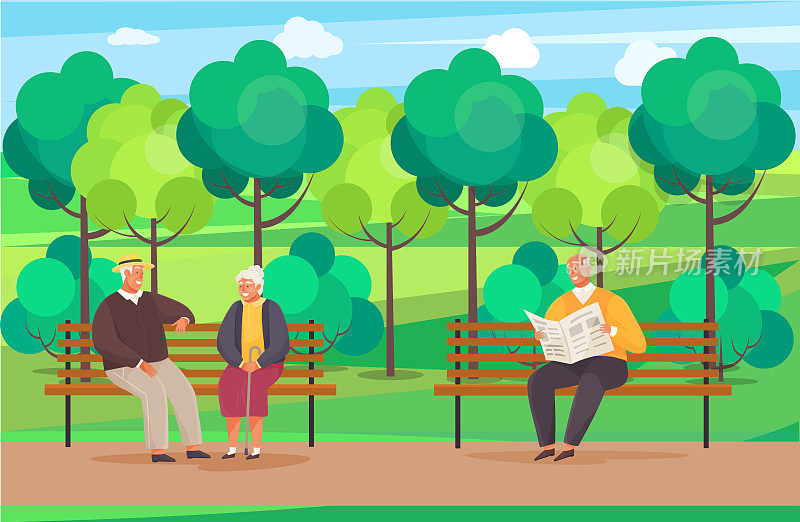 Elderly man sitting on bench in park reading newspaper. Grandfather and grandmother talking